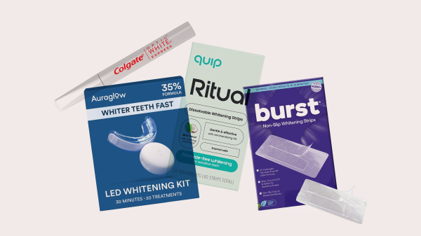 A collage of Colgate Auraglow Quip and Burst teethwhitening strips and pens on a light gray background
