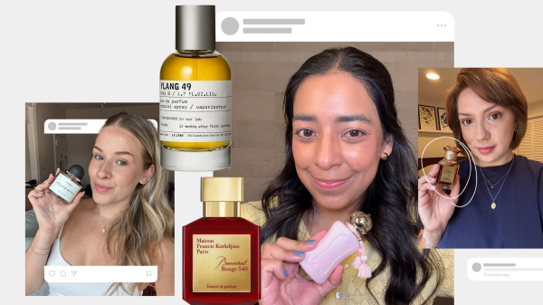 A photo collage of Allure editors holding their favorite longlasting perfumes alongside fragrance product silos on a...